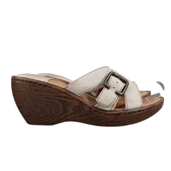 Born Shoes Women 8 Sandal Slide Wedge Leather Fashion Comfort Buckle Strap White - Picture 1 of 16